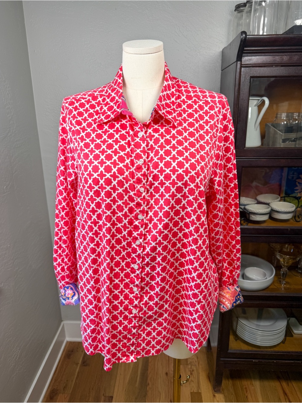 Ruby Rd Pink Geometric Button Front Shirt Floral Cuffs Plus Size 18W